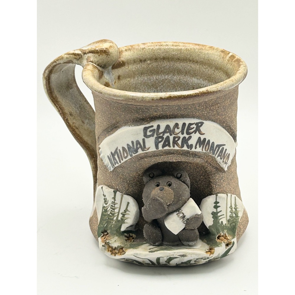 Glacier National Park Montana Studio Pottery Mug 3D Bear Den Coffee Cup Brown 4"